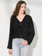 Solid Tie Front V-neck Long Sleeve Blouse For Women - Black