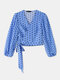 Dot Print V-neck Puff Long Sleeve Knotted Blouse For Women - Blue
