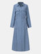 Ethnic Solid Color Pocket Button Long Sleeve Lapel Maxi Dress - Blue