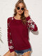Flower Print Long Sleeve Crew Neck Sweatshirt For Women - Wine Red