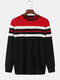 Mens Horizontal Stripe Knit Round Neck Casual Long Sleeve Pullover Sweaters - Red