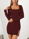 Solid Color Lace Patchwork Slit Hem Long Sleeve Sexy Dress - Wine Red