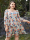 Plus Size Square Neck Floral Print Dress - Beige