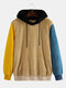 Mens Funny Coral Fleece Patchwork Contrast Color Muff Pockets Hoodies - Khaki