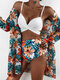 Women Tropical Plants Print High Waisted Bikinis Swimwear With Cover Up - Blue