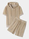 Mens Solid Color Ribbed Velour Hooded Short Sleeve Casual Two Piece Outfits - Apricot