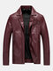 Mens Fashion PU Leather Long Sleeve Slim Fit Casual Zipper Coats Jackets - Wine Red