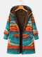 Ethnic Printed Long Sleeve Hooded Thicken Coat For Women - Green