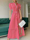 Women Striped Lapel Tiered Design Puff Sleeve Maxi Dress - Red