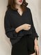 Solid Long Sleeve V-neck Casual Blouse For Women - Black