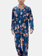 Mens Floral Painting Print Button Lapel Homewear Pajamas Set With Pocket - Blue