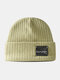 Unisex Solid Cotton Knitted Striped Color Contrast Letters Patch All-match Warmth Brimless Beanie Hat - Matcha Color