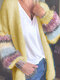 Multi-color Striped Knitted Long Sleeve Plus Size Cardigan - Yellow