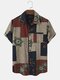 Mens Floral Color Block Print Lapel Cotton Short Sleeve Shirts - Navy
