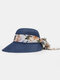 Women Straw Solid Calico Print Streamer Bowknot Decor Breathable Sunshade Foldable Straw Hat - Navy