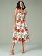 Women Tropical Flower Print Shirred Strap Maxi Dress - White