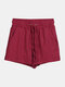 Women Pure Cotton Linen Drawstring Shorts With Pockets Breathable Outdoors Home Loungewear Bottoms - Red