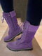 Women Solid Color Splicing Knitted Fabric Side Zipper Slip Resistant Warm Mid-calf Boots - Purple