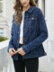 Solid Color Button Lapel Collar Pocket Women Denim Jacket - Blue