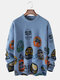 Mens Cartoon Drama Figure Print Round Neck Casual Loose Pullover Sweater - Blue