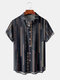 Mens Vintage Geometric Print Button Up Short Sleeve Shirts - Black