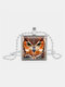 Vintage Square Glass Printed Women Necklace Owl Pendant Sweater Chain Jewelry Gift - Silver