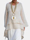 Casual Solid Color Layers High Low Long Sleeve Plus Size Blouse - Apricot