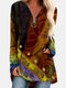 Ethnic Print Patchwork Vintage Long Sleeve Blouse For Women - Yellow