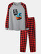 Mens Halloween Funny Print Plaid Raglan Sleeve Long Pajamas Sets - Gray