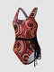 Corda costas cruzadas abstratas listradas femininas Emagrecer One peças roupa de banho - Vermelho