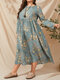 Plus Size Floral Print O-neck Long Sleeve Casual Dress - Blue