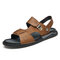 Men Comfy Cowhide Leather Pure Color Metal Design Two-ways Sandals - Brown