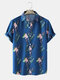 Mens Leaf Flower Pattern Lapel Holiday Short Sleeve Shirt - Blue