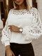 Suéter feminino de renda patchwork com gola redonda e manga comprida - Branco