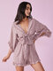 Floral Print Tie Front Bell Sleeve Ruffle Trim V-neck Romper - Pink