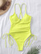 Women Solid Color Underwire Criss Cross Side One Piece Strappy Swimsuit - Yellow