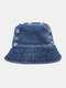 Unisex Distressed Washed Denim Solid Color Broken Hole Vintage Sunshade Bucket Hat - Dark Blue