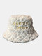 Unisex Lamb Plush Color Contrast Letter Embroidery Argyle Suture All-match Warmth Bucket Hat - White