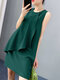 Solid Ruffle Front Crew Neck Sleeveless Casual A-line Dress - Dark Green