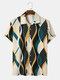 Mens Wave Striped Triangle Print Casual Short Sleeve Shirts - Khaki