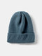 Unisex Knitted Solid Color Jacquard Brimless Flanging Outdoor Warmth Beanie Hat - Grey Blue