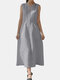 Lace Patch Round V-neck Pocket Sleeveles Cotton Dress With Belt - Grey