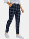 Mens Check Plaid Zipper Fly Casual Pants With Pocket - Navy