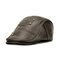 Men Genuine Leather Rivet Decoration Plus Velvet Keep Warm Ear Protected Casual Beret Hat - Dark Brown