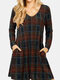 Plaid Print Pockets V-neck Long Sleeves Casual Dress for Women - Navy