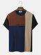 Mens Knit Color Block Patchwork Letter Pattern Loose Short Sleeve T-Shirts - Blue