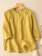 Women Plain Frill Neck Button Front Cotton Puff Sleeve Shirt - Yellow