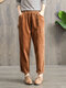Solid Color Elastic Waist Pocket Corduroy Pants For Women - Khaki