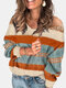 Stripe Contrast Color V-neck Long Sleeve Sweater For Women - Orange