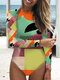 Women Long Sleeve One Piece Graffiti Abstract Print Patchwork High Neck Slimming Surfing Swimsuit - Orange